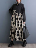 Momentlover Split-Joint Polka-Dot Buttoned Asymmetric Loose Long Sleeves Lapel Shirt Dress Midi Dresses