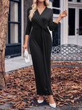 Momentlover Solid Color Bowknot Long Sleeves Bodycon V-neck Maxi Dresses