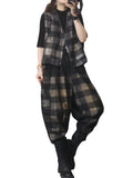 Momentlover Vintage Plaid Letter Print Jean Pants Bottoms Vest Top Two Pieces Set