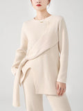 Momentlover Solid Color Loose Asymmetric Split-Front Round-Neck Long Sleeves Sweater Top + Pants Bottom Two Pieces Set