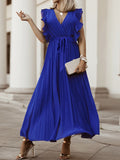 Momentlover Tied Waist Split-Joint Solid Color Pleated Floral Sleeveless Loose V-Neck Maxi Dresses