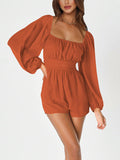 Momentlover Tied Solid Color Elasticity Backless Puff Sleeves Loose Square-Neck Rompers