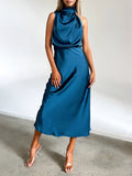 Momentlover Solid Color Sleeveless High Waisted Halter-Neck Midi Dresses