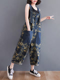 Momentlover Denim Floral Printed Oversize Overalls