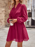 Momentlover Tied Waist Solid Color See-Through Long Sleeves A-Line V-Neck Mini Dresses