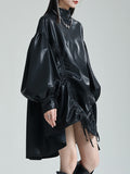 Momentlover Solid Color Pleated Drawstring Puff Sleeves Loose Stand Collar Mini Dresses