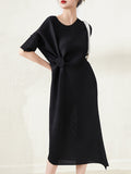 Momentlover Stylish Irregularity Loose Pleated Solid Color Round-Neck Midi Dresses