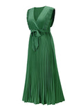 Momentlover Tied Waist Split-Joint Solid Color Pleated Floral Sleeveless Loose V-Neck Maxi Dresses