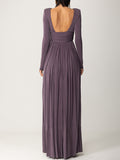 Momentlover Long Sleeves Backless No Body Chain Pleated Solid Color Tied Waist Maxi Dresses