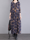 Momentlover Casual Long Sleeves Loose Floral Printed Round-Neck Midi Dresses