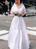 Momentlover Long Sleeves Loose Belted Pleated Solid Color Lapel Maxi Dresses