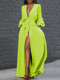 Momentlover Puff Long Sleeves Buttoned Solid Color Deep V-Neck Maxi Shirt Dresses