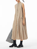 Momentlover Solid Color Pleated Sleeveless Loose Stand Collar Shirt Dress Midi Dresses