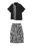 Momentlover Original Striped Irregularity Blouse Tops+Skirt Suits