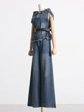 Momentlover Boat Neck Loose Sleeveless Belted Buttoned Fringed Pockets Vest Top + Pants Bottom Two Pieces Set