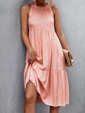 Momentlover Split-Joint Solid Color Pleated Hollow Sleeveless Loose Halter-Neck Midi Dresses