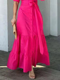 Momentlover A-Line Half Sleeves Buttoned Solid Color Tied Waist Polo Maxi Dresses