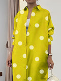 Momentlover Long Sleeves Loose Polka-Dot Split-Front Split-Side Lapel Maxi Dresses