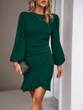 Momentlover Solid Color Falbala Puff Sleeves Long Sleeves Mini Dresses