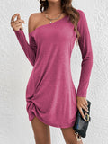 Momentlover Casual Loose Long Sleeves Solid Color One-Shoulder Mini Dresses