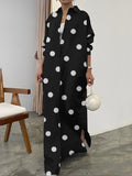 Momentlover Long Sleeves Loose Polka-Dot Split-Front Split-Side Lapel Maxi Dresses