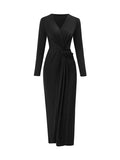 Momentlover Solid Color Bowknot Long Sleeves Bodycon V-neck Maxi Dresses