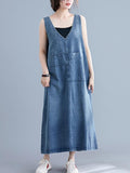 Momentlover Loose Sleeveless Denim V-Neck Midi Dress