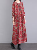 Momentlover Casual Long Sleeves Loose Floral Printed Round-Neck Midi Dresses