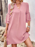 Momentlover Split-Joint Solid Color Hollow Three-Quarter Sleeves Loose V-Neck Mini Dresses