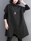 Momentlover Split-Joint Split-front Solid Color Asymmetric Short Sleeves Raglan Sleeve High-neck Mini Dresses Knitwear