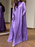 Momentlover Solid Color Loose Long Sleeves High-neck Maxi Dresses