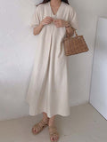 Momentlover Simple Loose Linen Short Sleeves Solid Color V-Neck Midi Dresses