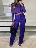 Momentlover Solid Color Long Sleeves Elasticity Pleated Round-Neck Shirts Top + High Waisted Pants Bottom Two Pieces Set