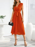 Momentlover Tied Waist Solid Color Pleated Sleeveless V-Neck Midi Dresses