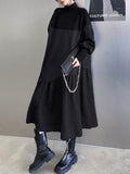 Momentlover A-Line Long Sleeves Asymmetric Solid Color Split-Joint High-Neck Midi Dresses Sweater Dresses