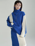 Momentlover Casual Loose Long Sleeves Contrast Color High-Neck Sweater Top&Skirt Two Pieces Set