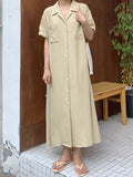 Momentlover Vintage Solid Color Short Sleeve Loose Casual Midi Dress