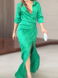 Momentlover Long Sleeves Solid Color Split-Side Lapel Collar Maxi Dresses Shirt Dress