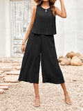 Momentlover Solid Color Wide Leg Sleeveless Round-neck Jumpsuits