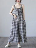 Momentlover Original Simple Casual Artistic Retro Plaid Wide Legs Jumpsuits