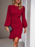 Momentlover Solid Color Falbala Puff Sleeves Long Sleeves Mini Dresses