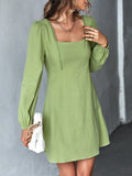 Momentlover Split-Joint Solid Color Puff Sleeves Long Sleeves Square-Neck Mini Dresses