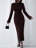 Momentlover Solid Color Pleated Hollow Backless Loose Long Sleeves Round-Neck Midi Dresses