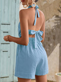 Momentlover Solid Color Ribbed Sleeveless Loose Halter-Neck Rompers