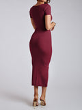 Momentlover Split-side Solid Color Skinny Short Sleeves Round-neck Midi Dresses