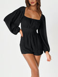 Momentlover Tied Solid Color Elasticity Backless Puff Sleeves Loose Square-Neck Rompers