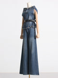 Momentlover Asymmetric Boat Neck Fringed Vest Top+ Belted High Waisted Jeans Bottom Two Pieces Set