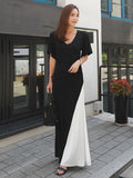 Momentlover Black&White Split-joint V-neck Long Dress