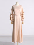 Momentlover Solid Color Hollow Puff Sleeves Loose Round-Neck Maxi Dresses