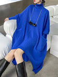 Momentlover Batwing Sleeves High-Low Pockets Solid Color High-Neck Midi Dresses Sweater Dresses